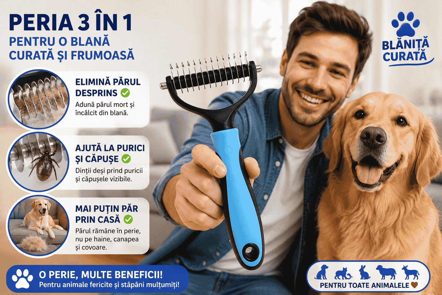Blăniță Curată™ – Peria 3 în 1 pentru animale