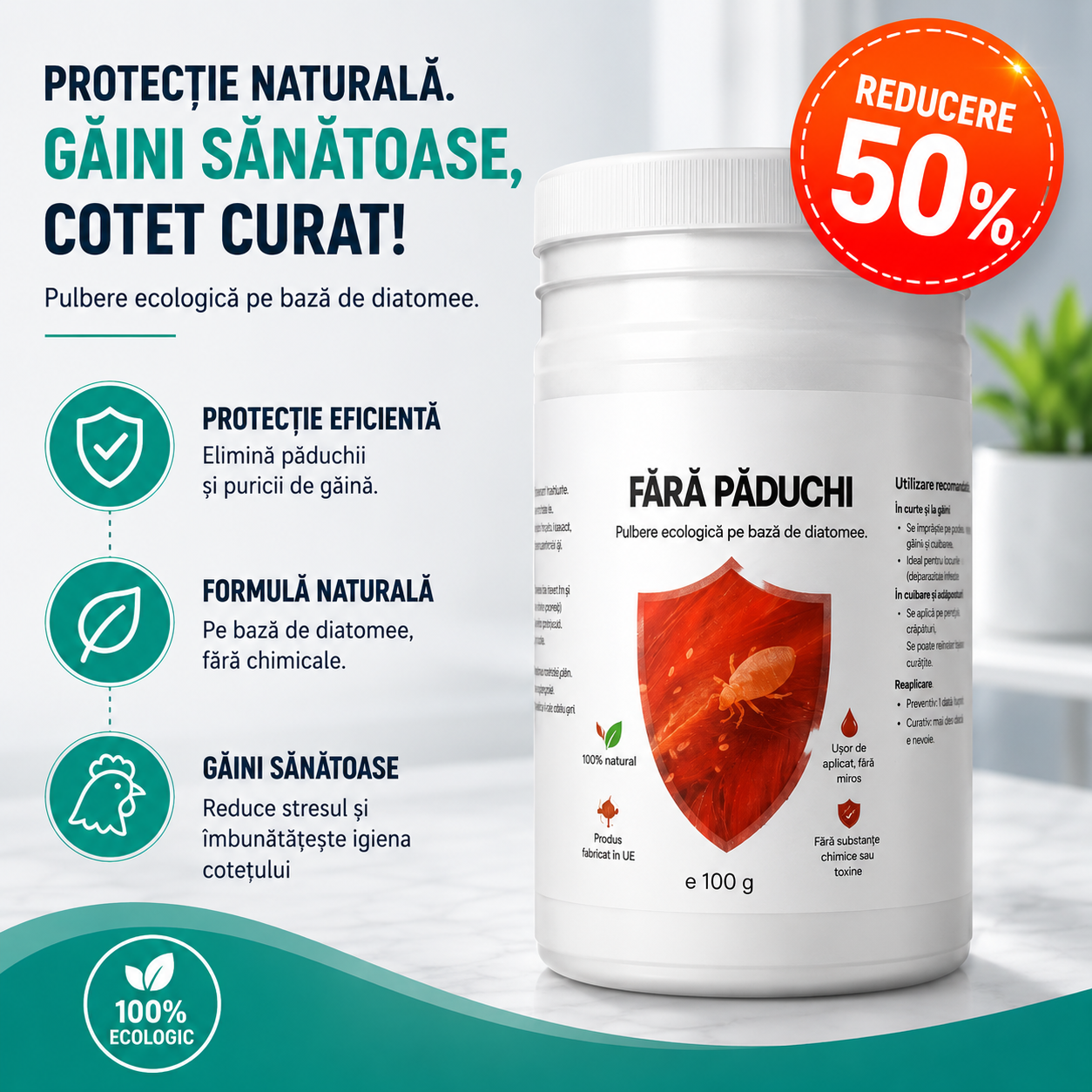 Fără Păduchi Protect™-Pulbere pentru Păduchii de Găină-100 g